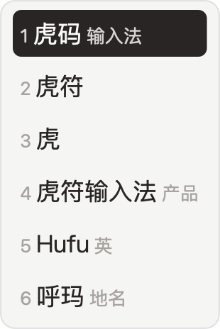 石墨 · App 实际竖排候选窗，虎码编码 huma 与六个候选，虎符高亮