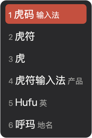 虎符 · 深色 · App 实际竖排候选窗，虎码编码 huma 与六个候选，虎符高亮