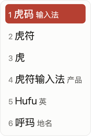 虎符 · 浅色 · App 实际竖排候选窗，虎码编码 huma 与六个候选，虎符高亮