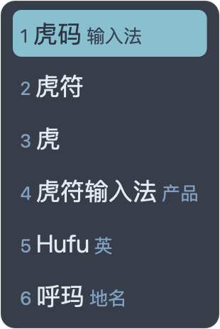 北境 · App 实际竖排候选窗，虎码编码 huma 与六个候选，虎符高亮